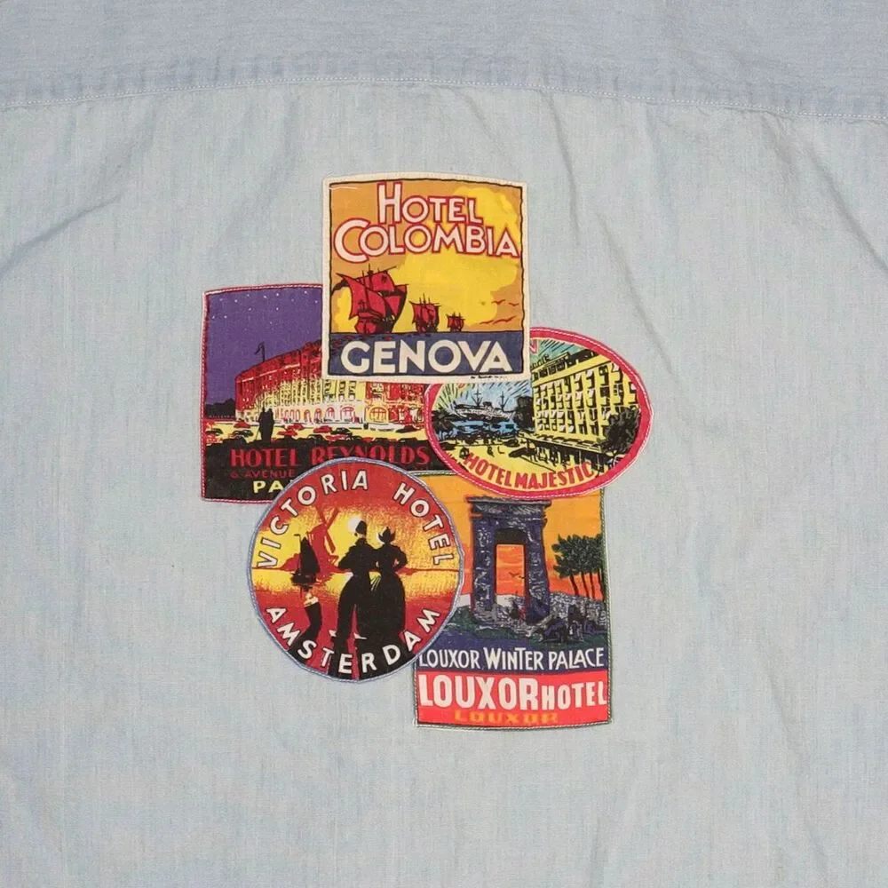 Vintage Banana Republic Safari Travel Chambray Back Patch Shirt Mens Large